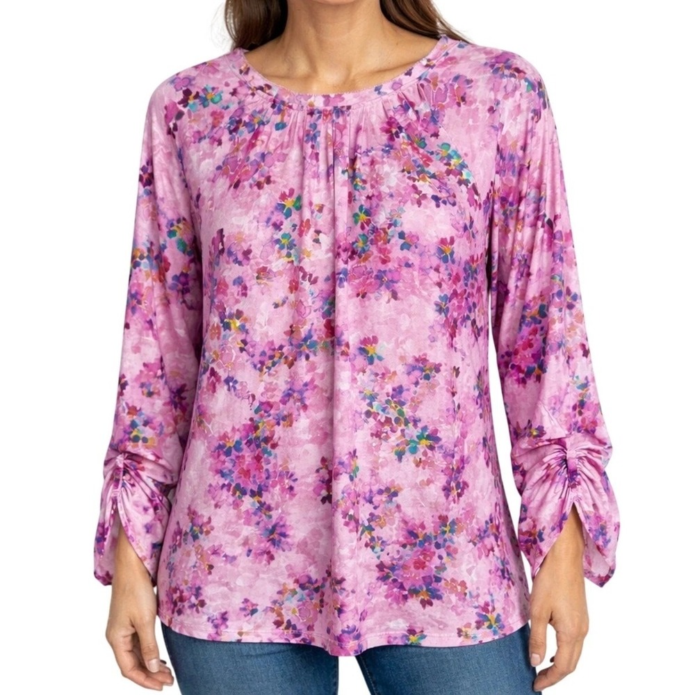 Soft Surroundings Brialla Blouse M Medium Pink Floral Watercolor Ruched Tie Top